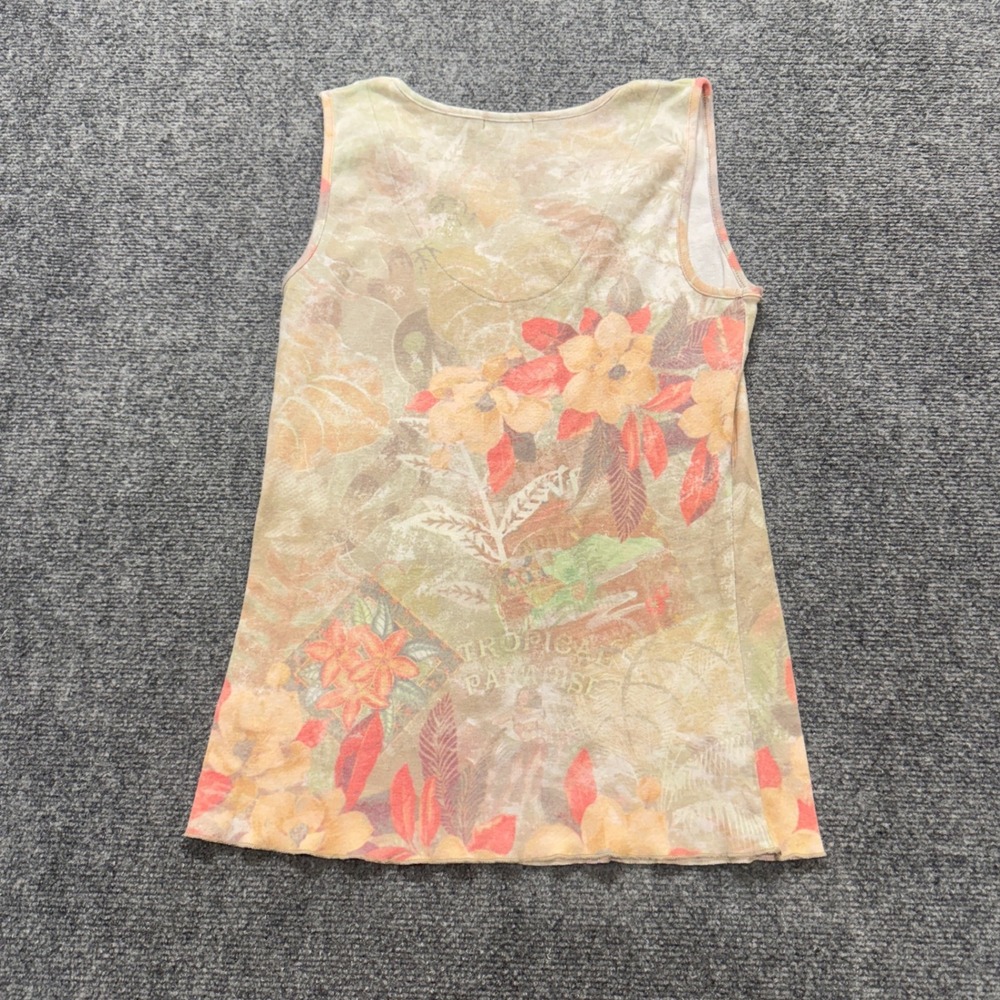 VTG Xcit U.S.A. Tank Top Women's Medium V-Neck Tropical Paradise Floral Y2K